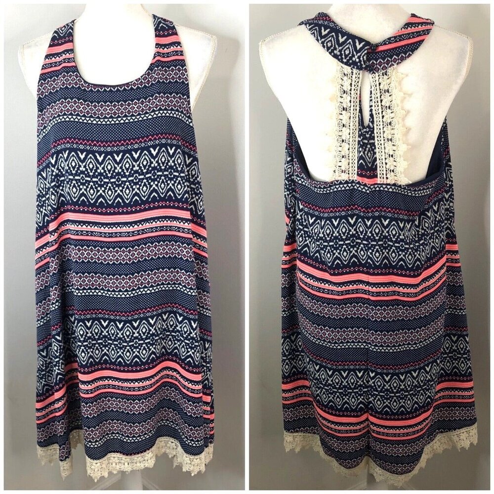 Altard State Racerback Dress Size Large Boho Hippie Style Aztec Crochet Back/Hem
